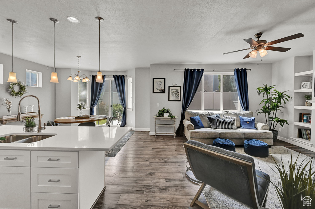 Living room with sink, a textured ceiling, ceiling fan, and dark wood-type flooring