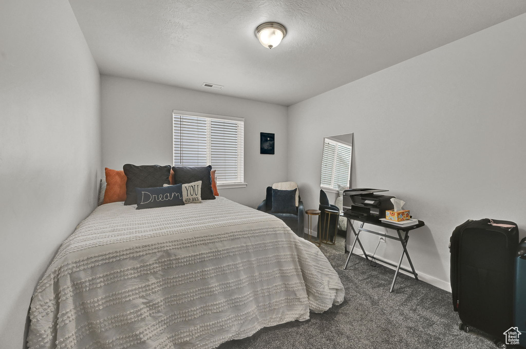 Bedroom with dark colored carpet and multiple windows