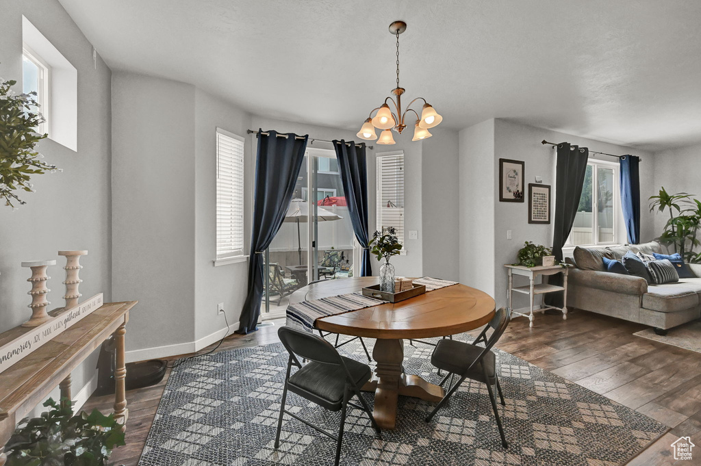 Dining room featuring dark hardwood / wood-style floors, a notable chandelier, and a wealth of natural light