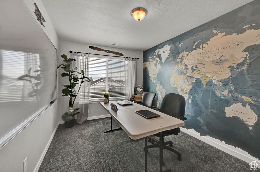 Office area featuring a textured ceiling and carpet flooring