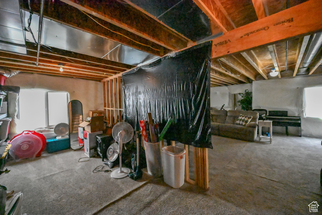 Basement featuring carpet flooring