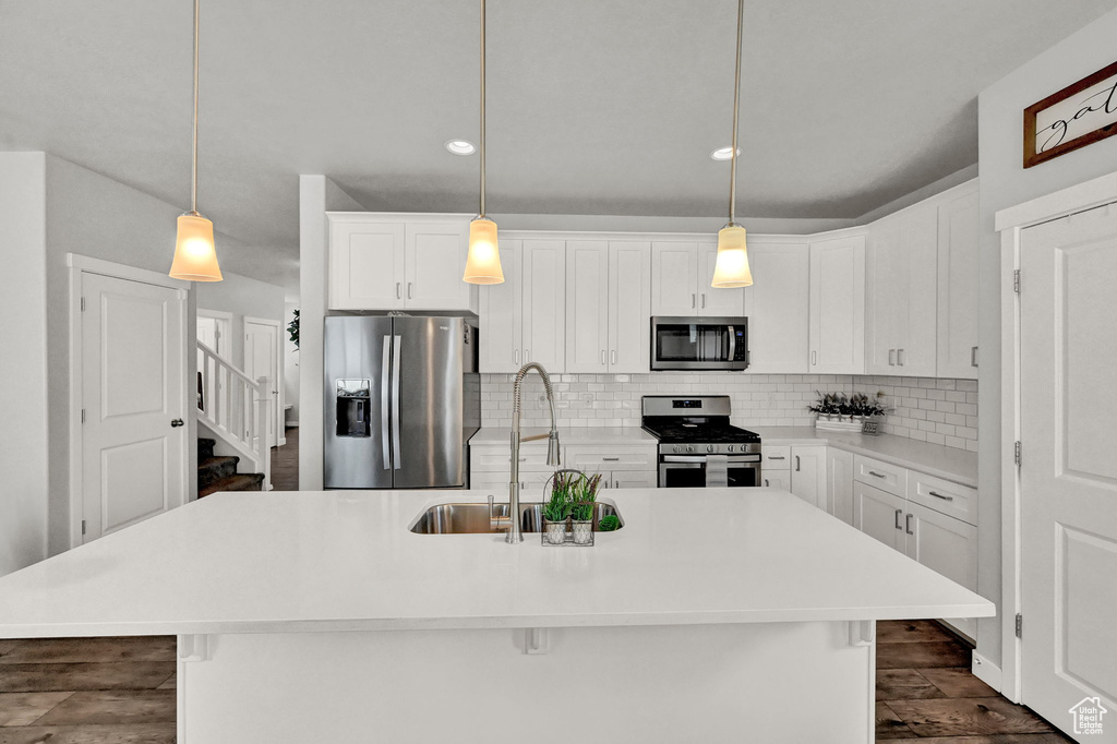 Kitchen with tasteful backsplash, stainless steel appliances, a center island with sink, pendant lighting, and dark hardwood / wood-style flooring