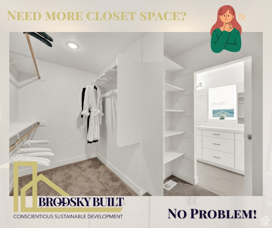 Spacious closet featuring carpet