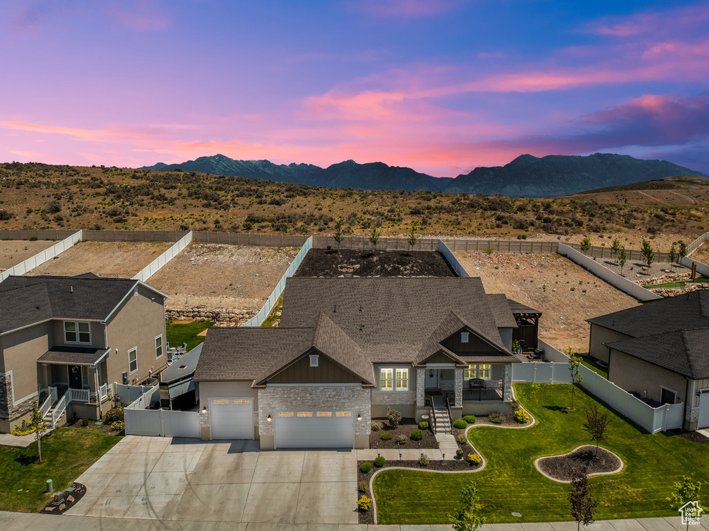 Aerial view at dusk with a mountain view