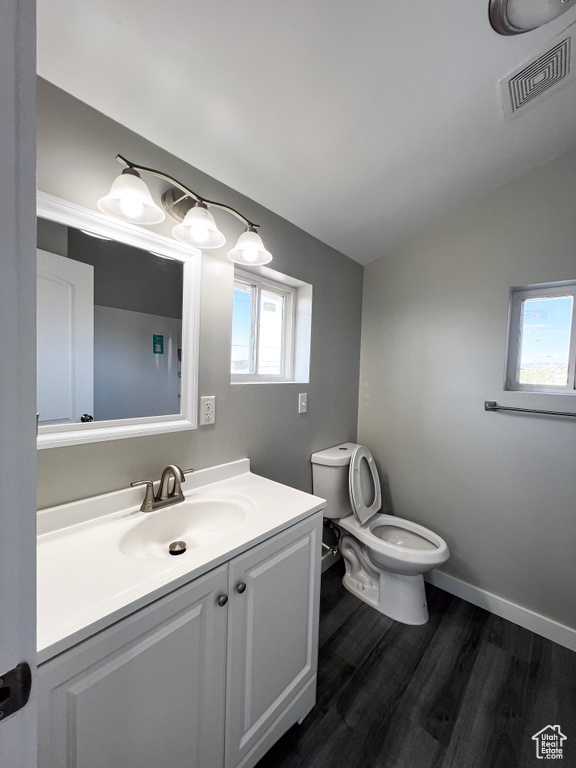 Bathroom with hardwood / wood-style floors, a healthy amount of sunlight, toilet, and vanity