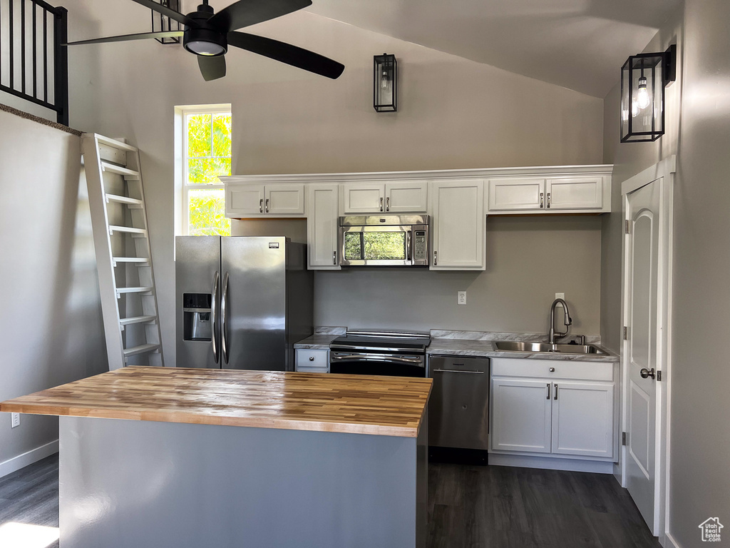 Kitchen with white cabinetry, stainless steel appliances, wood counters, and sink