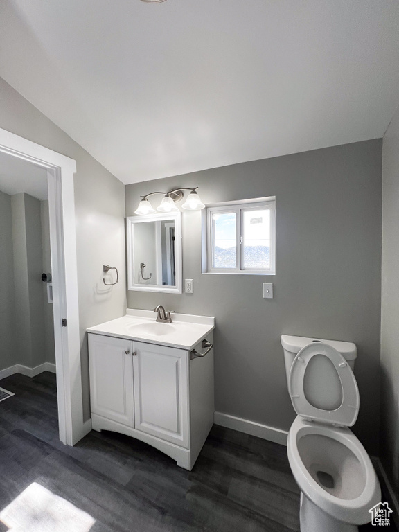 Bathroom with hardwood / wood-style flooring, vaulted ceiling, toilet, and vanity