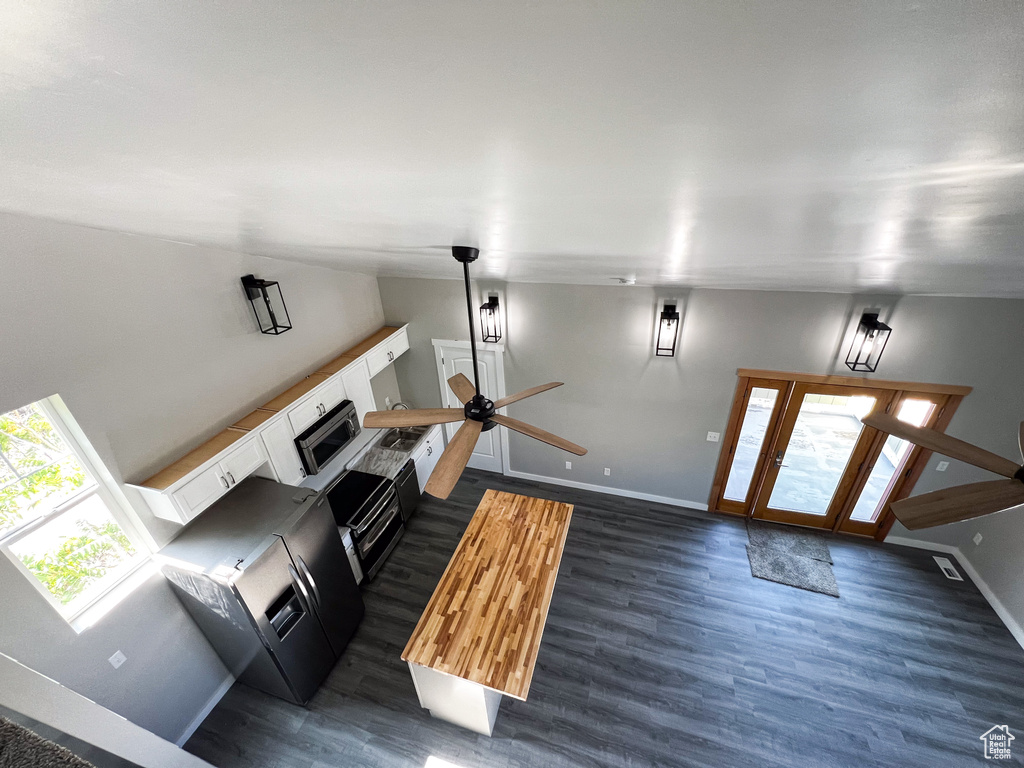 Living room featuring ceiling fan and dark wood-type flooring