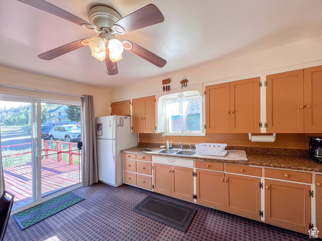 Kitchen with plenty of natural light, white fridge, sink, and ceiling fan