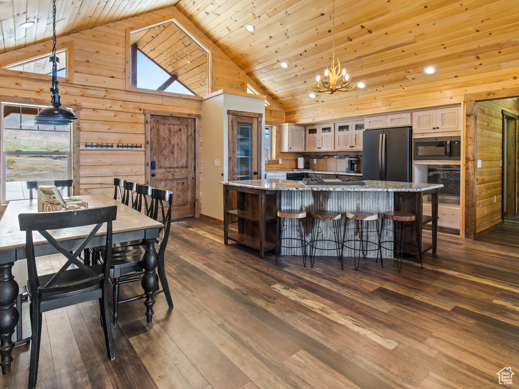 Interior space featuring wooden ceiling, wood-type flooring, high vaulted ceiling, and plenty of natural light