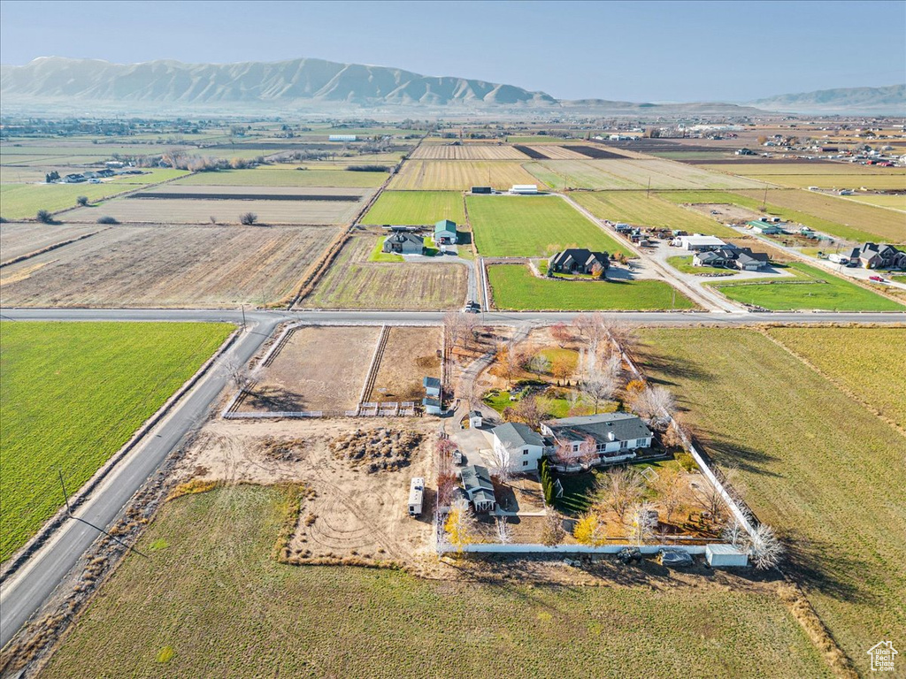 Drone / aerial view featuring a mountain view and a rural view