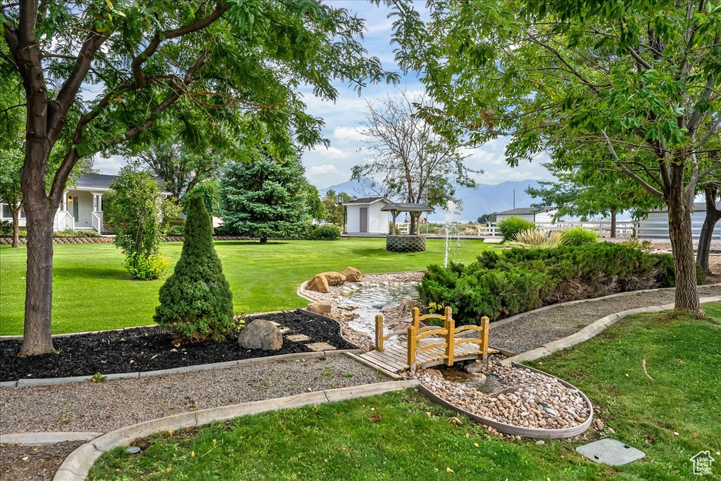 View of yard with a mountain view