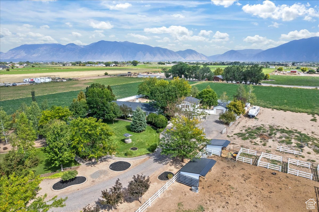 Drone / aerial view with a mountain view and a rural view