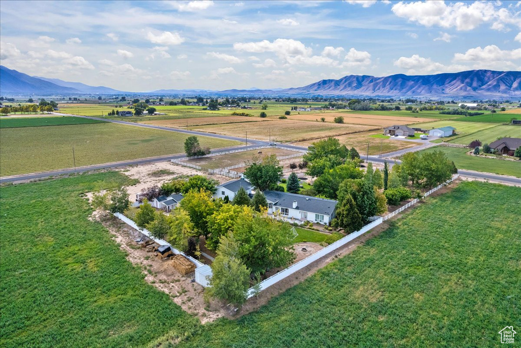 Birds eye view of property with a mountain view and a rural view