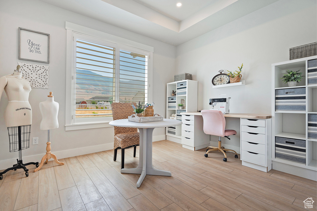 Office space with a raised ceiling and light hardwood / wood-style floors