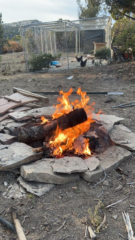 Exterior space with a fire pit