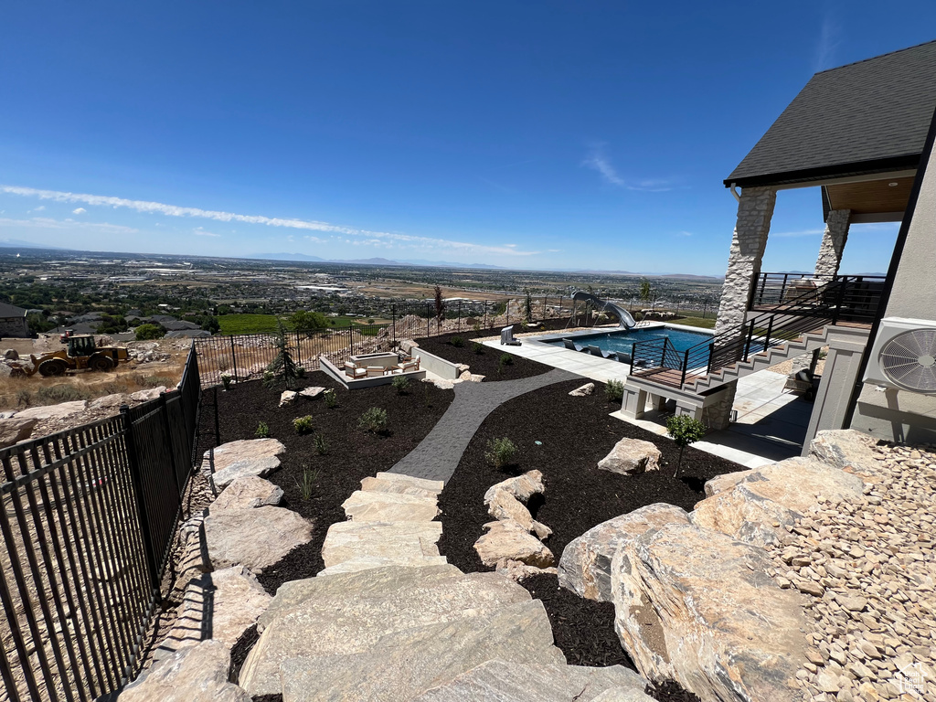 View of patio with a fenced in pool