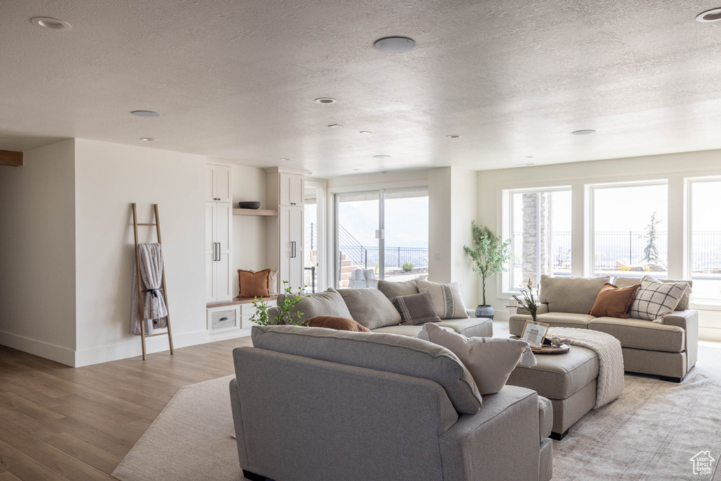 Living room featuring light hardwood / wood-style floors and a textured ceiling