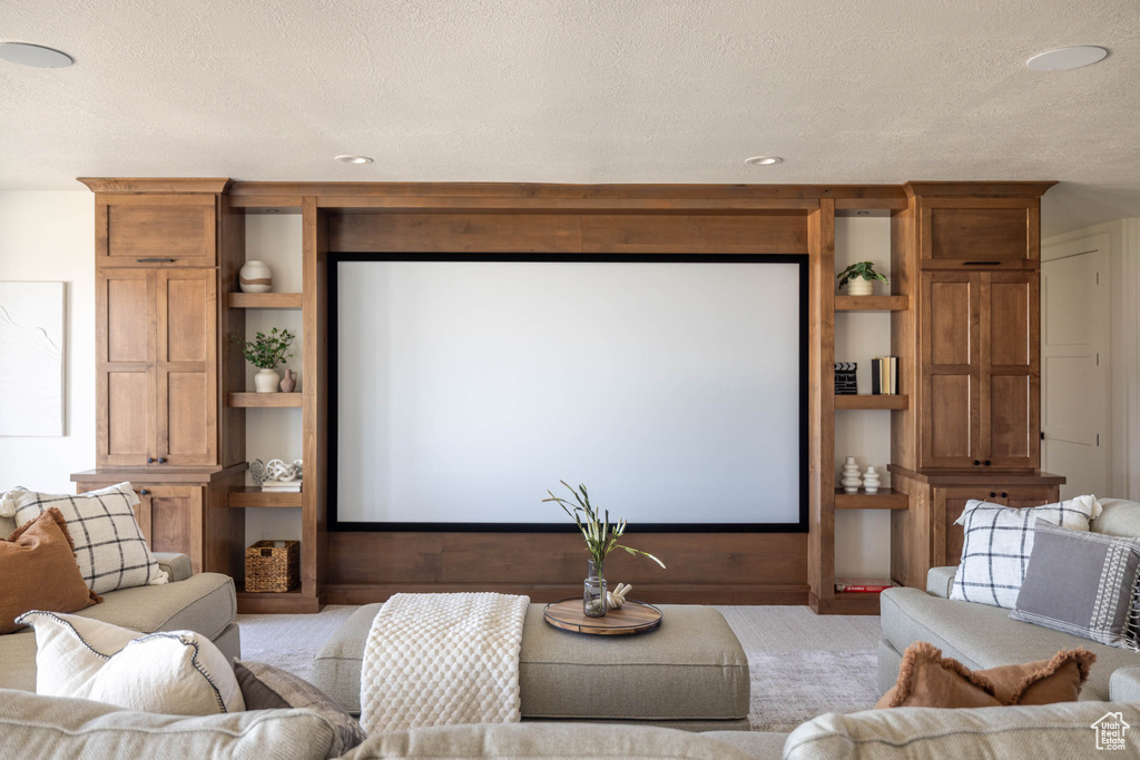 Carpeted cinema room featuring a textured ceiling