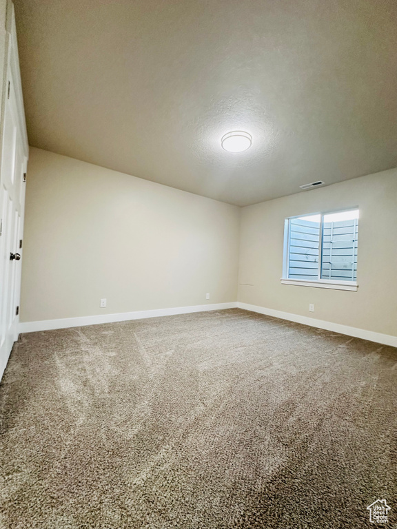 Unfurnished room with a textured ceiling and carpet floors