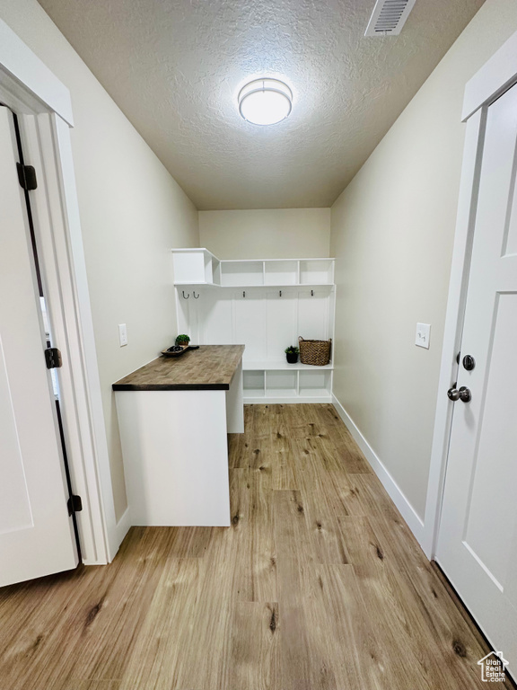 Clothes washing area featuring light hardwood / wood-style floors and a textured ceiling