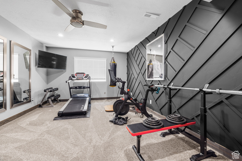 Workout area with carpet flooring, a textured ceiling, and ceiling fan