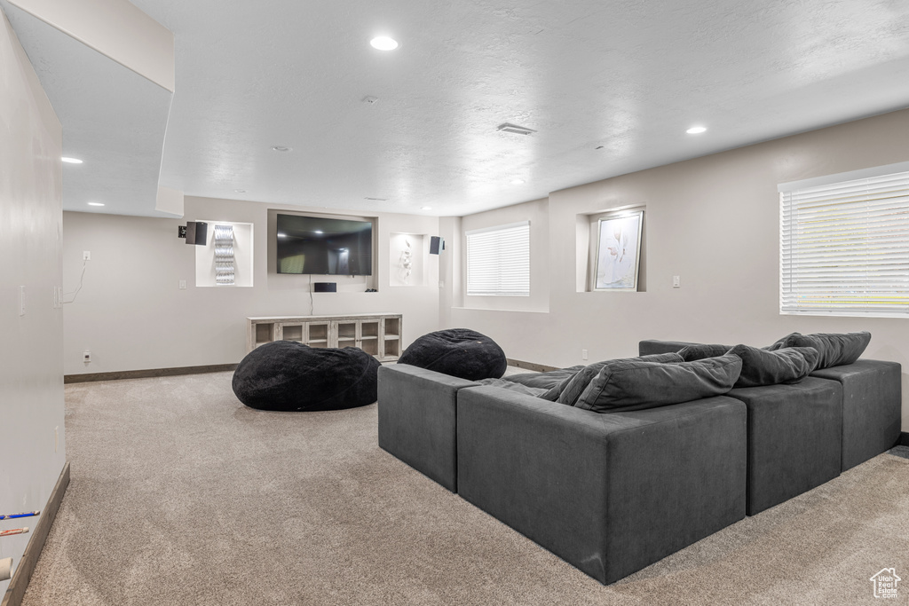 Living room with light colored carpet