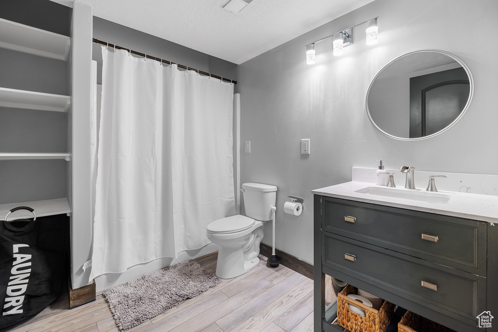 Bathroom featuring vanity, toilet, and wood-type flooring