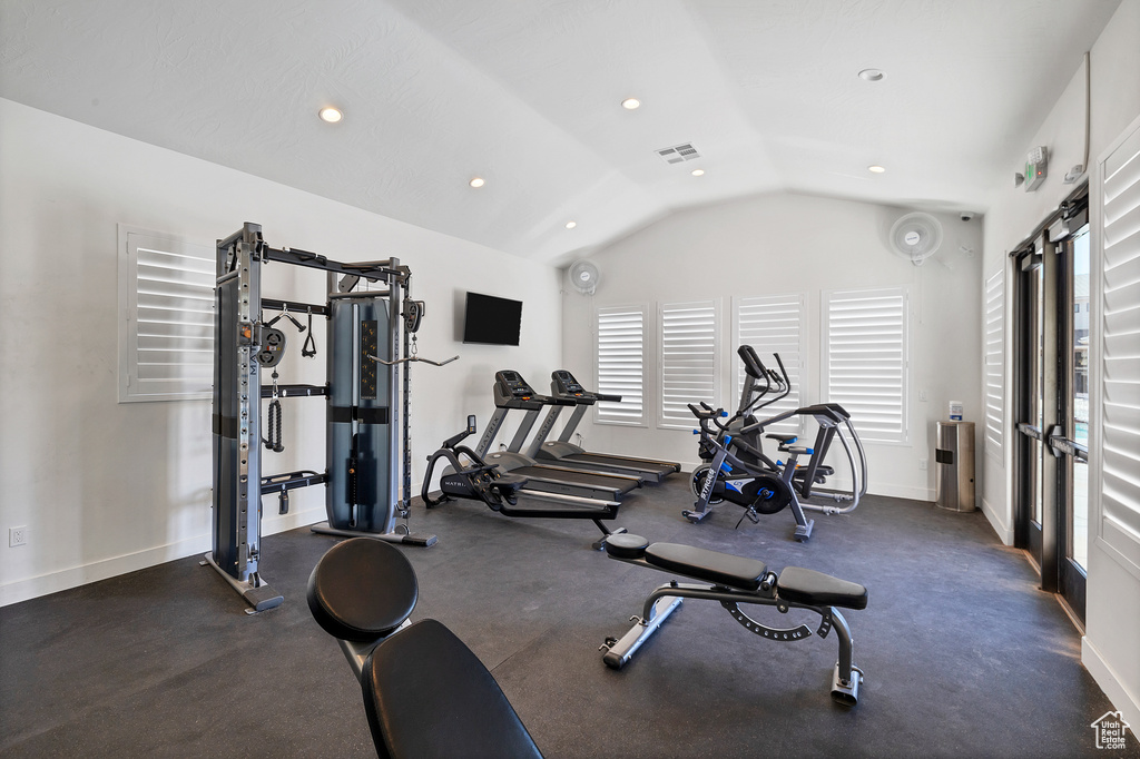 Exercise room with lofted ceiling