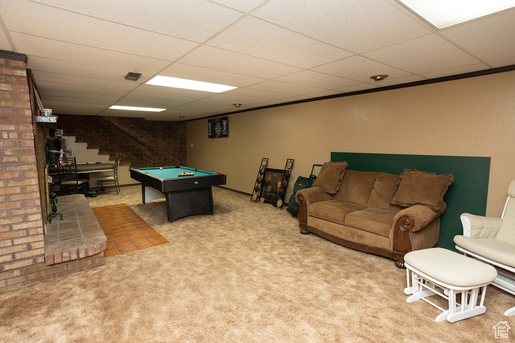 Playroom featuring a drop ceiling, billiards, and carpet floors