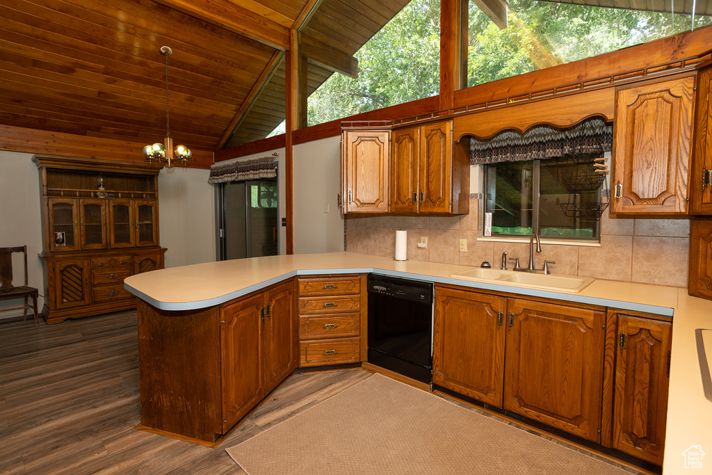 Kitchen featuring wood ceiling, sink, kitchen peninsula, hanging light fixtures, and dishwasher