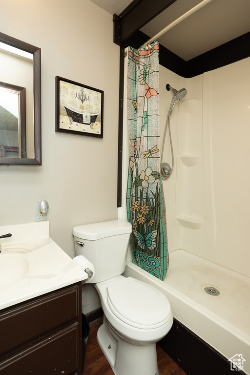 Bathroom featuring vanity, toilet, and hardwood / wood-style floors