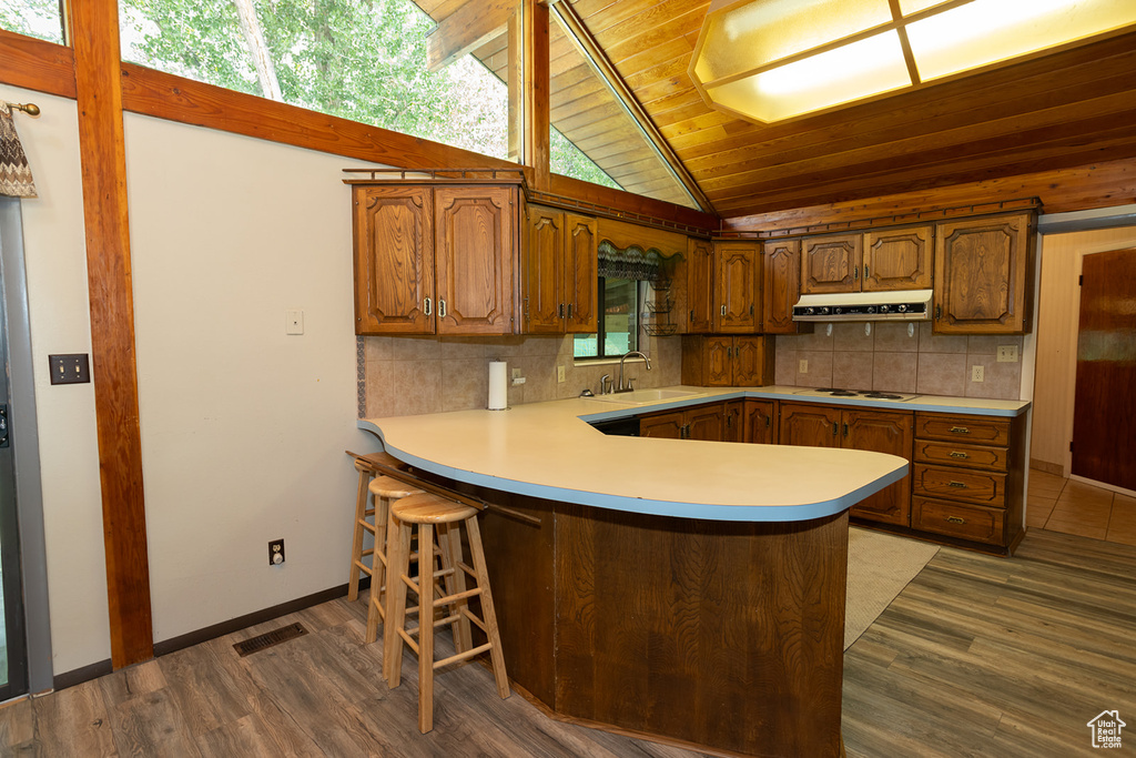 Kitchen with a breakfast bar area, ventilation hood, hardwood / wood-style flooring, vaulted ceiling, and sink