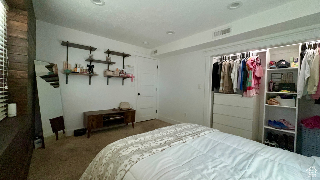 Carpeted bedroom featuring a closet