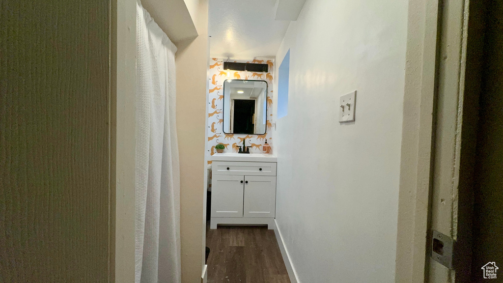 Corridor with dark hardwood / wood-style flooring and sink