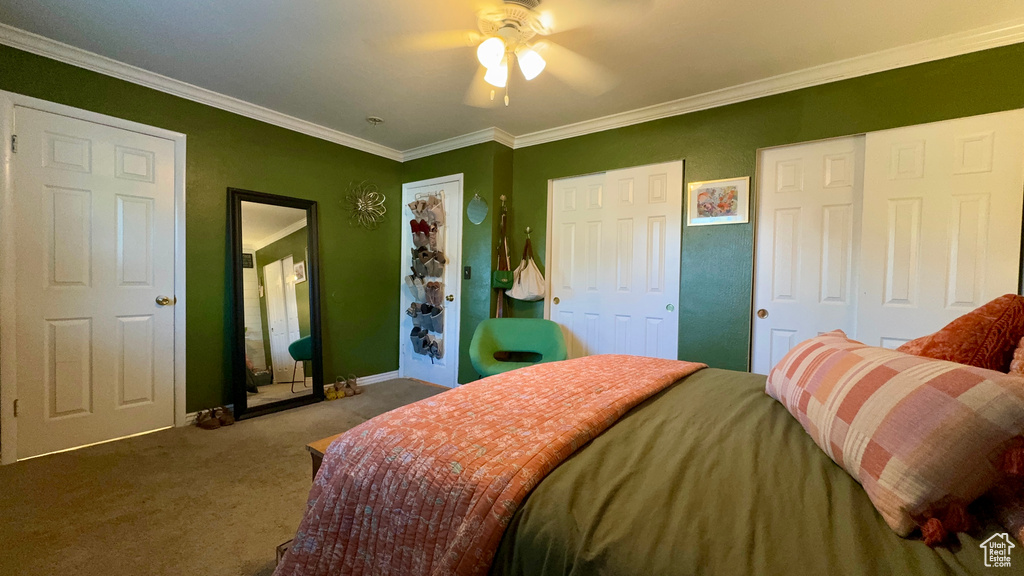 Carpeted bedroom featuring ceiling fan, two closets, and ornamental molding