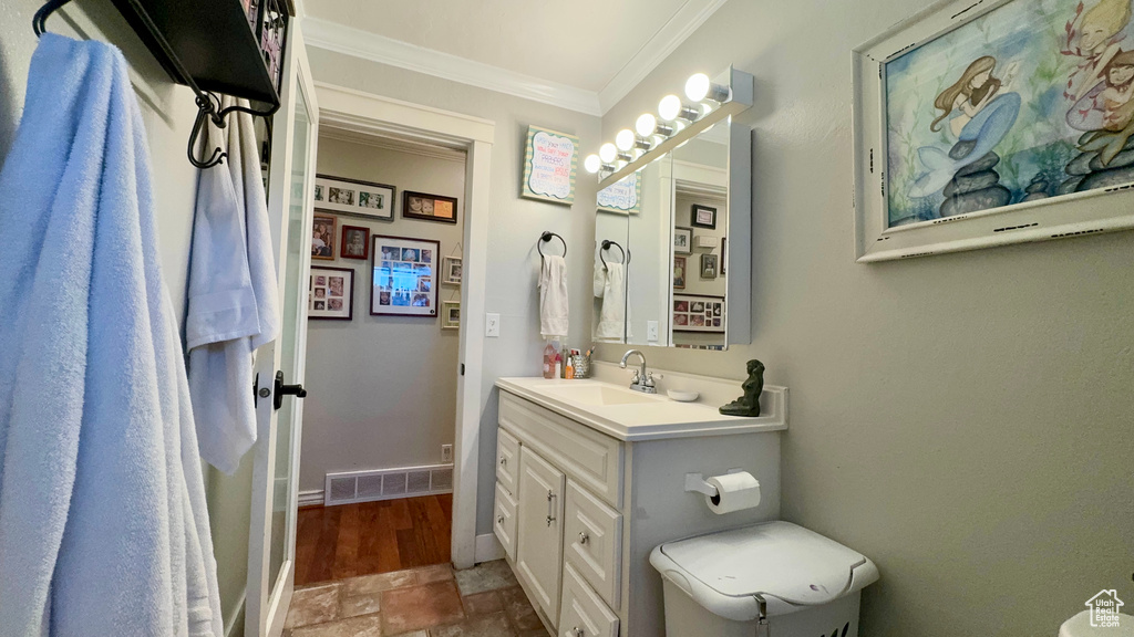 Bathroom with vanity, hardwood / wood-style flooring, and ornamental molding