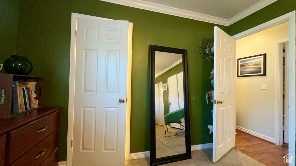 Bedroom with crown molding and light wood-type flooring