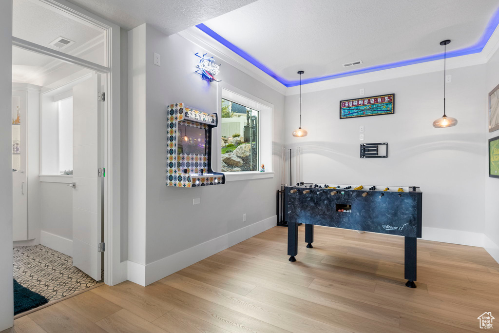 Playroom featuring light hardwood / wood-style floors and ornamental molding