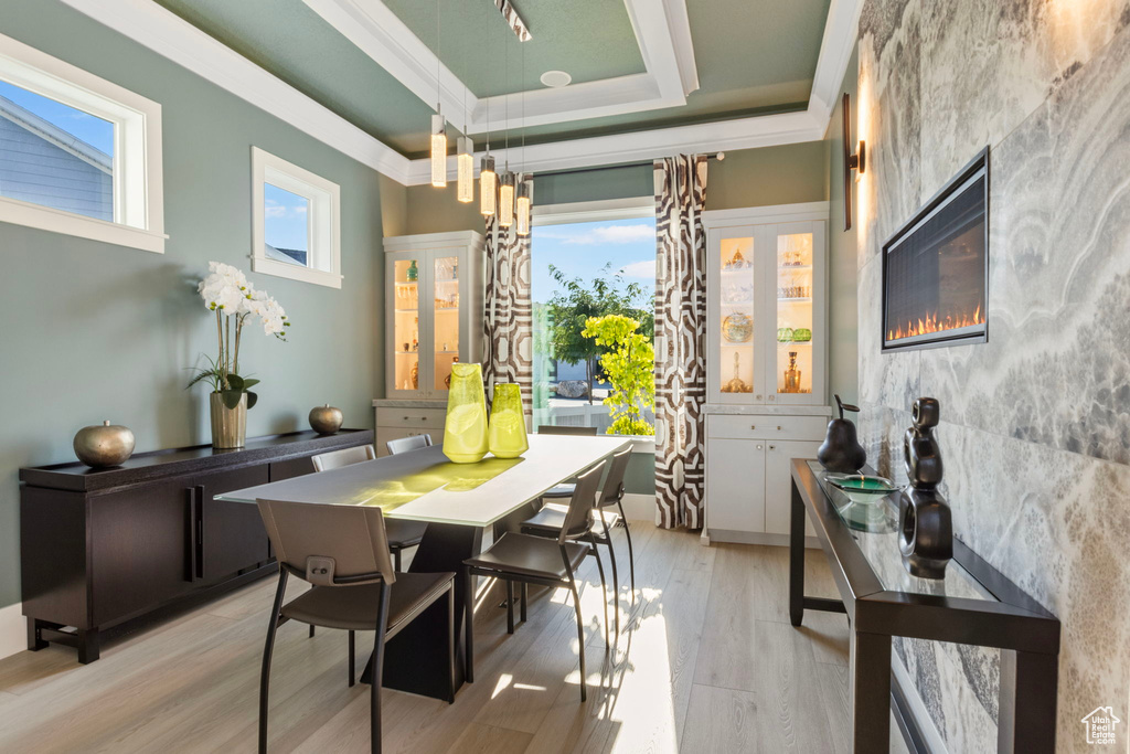 Dining room with plenty of natural light, light hardwood / wood-style flooring, and a tray ceiling