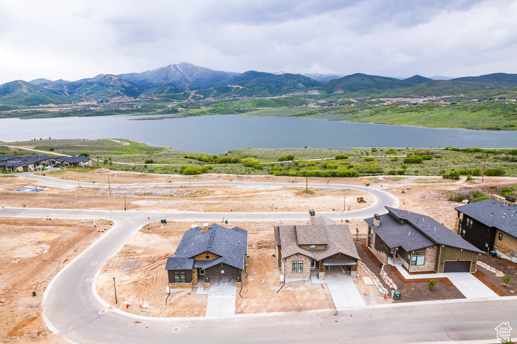 Bird's eye view featuring a water and mountain view