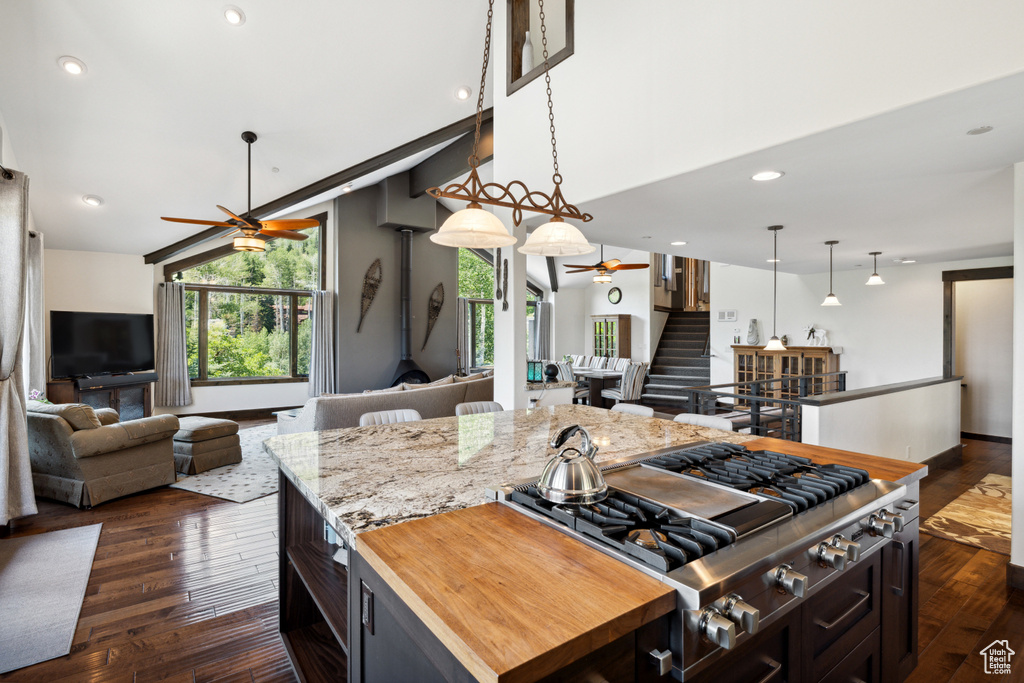 Kitchen featuring dark hardwood / wood-style floors, stainless steel gas stovetop, a center island, and ceiling fan