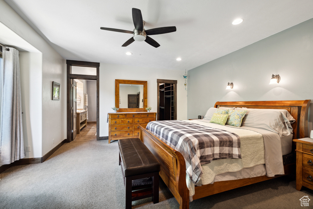 Carpeted bedroom featuring a spacious closet, ceiling fan, and a closet