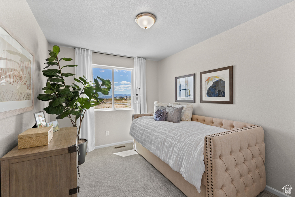 Bedroom with light colored carpet and a textured ceiling