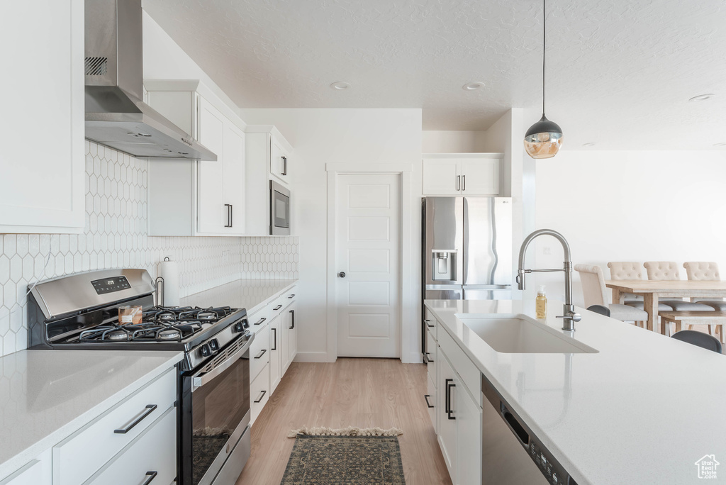 Kitchen featuring appliances with stainless steel finishes, sink, pendant lighting, light wood-type flooring, and wall chimney exhaust hood