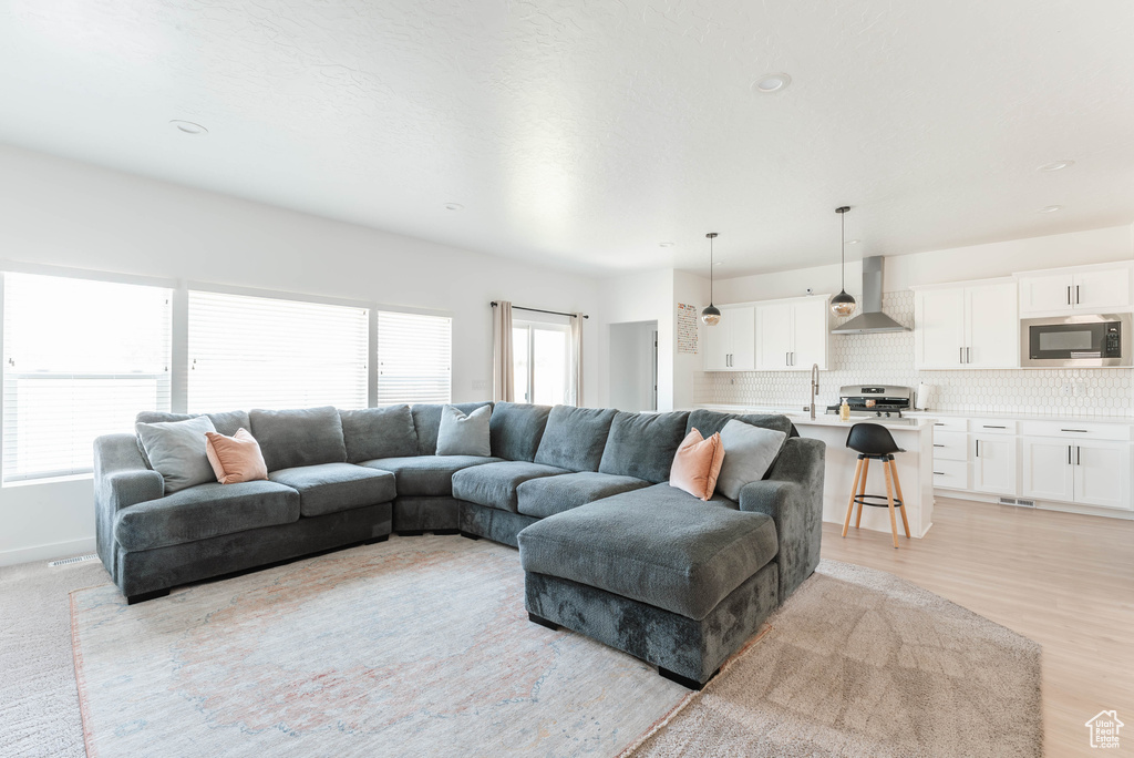 Living room featuring sink and light wood-type flooring