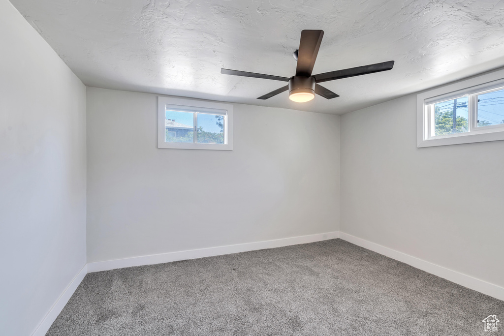 Basement with ceiling fan and carpet flooring