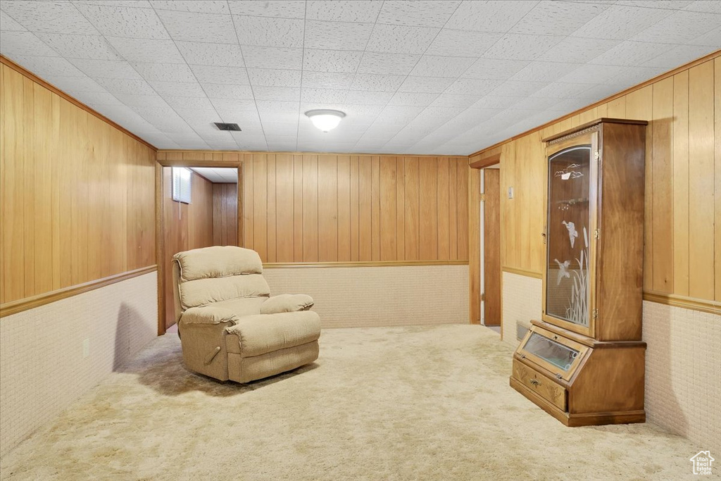 Sitting room with carpet floors and wooden walls