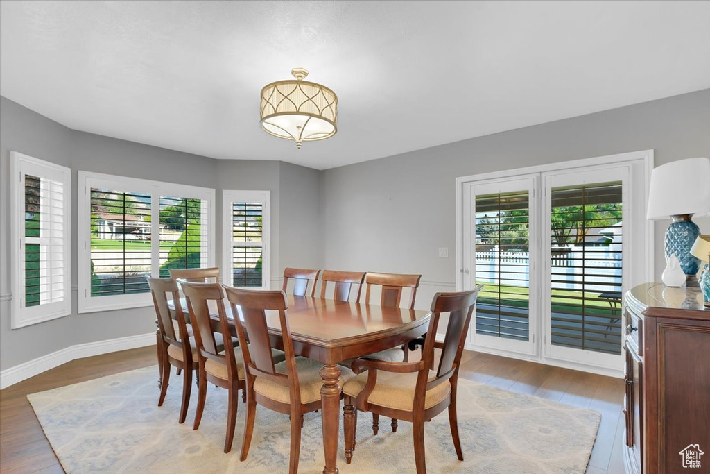 Dining area with wood-type flooring