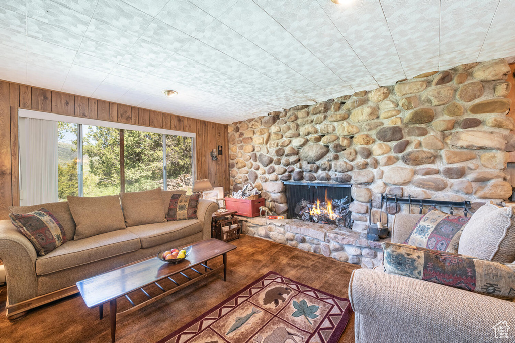 Living room featuring a stone fireplace and wood walls